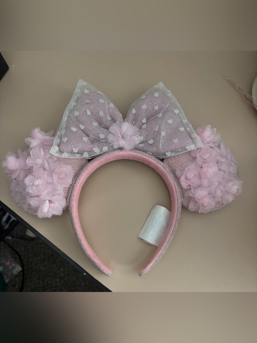 Disney Parks Pink Sparkle Minnie Mouse Ears Headband with Floral & Hearts Bow